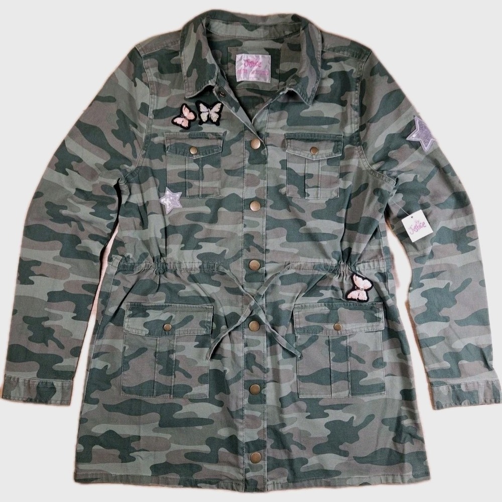 Justice Jacket Girls Size 16 / 18 Plus Camo Green Butterfly Star Patches Pockets